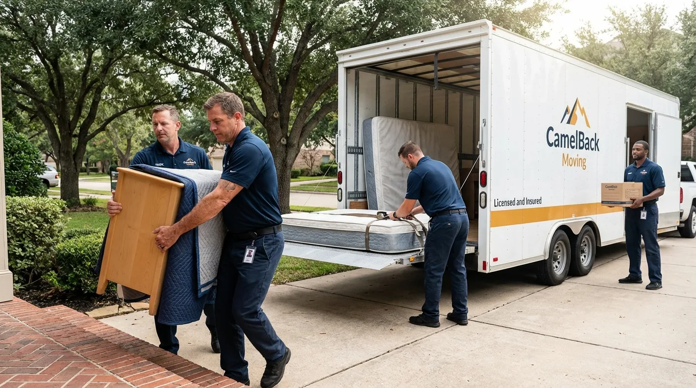Crew loading residential truck for cross-state move from Marshalltown, IA