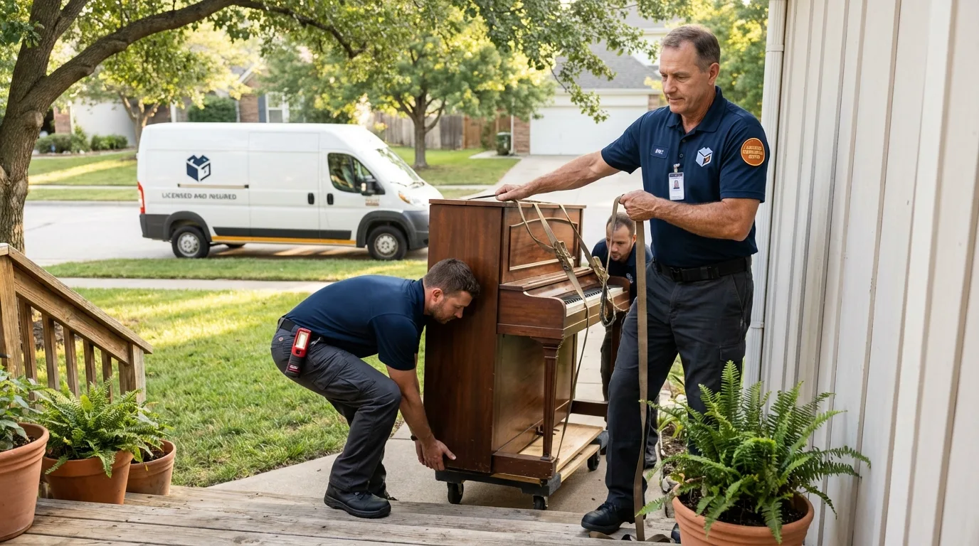 Licensed piano movers securing grand piano in Marshalltown, IA