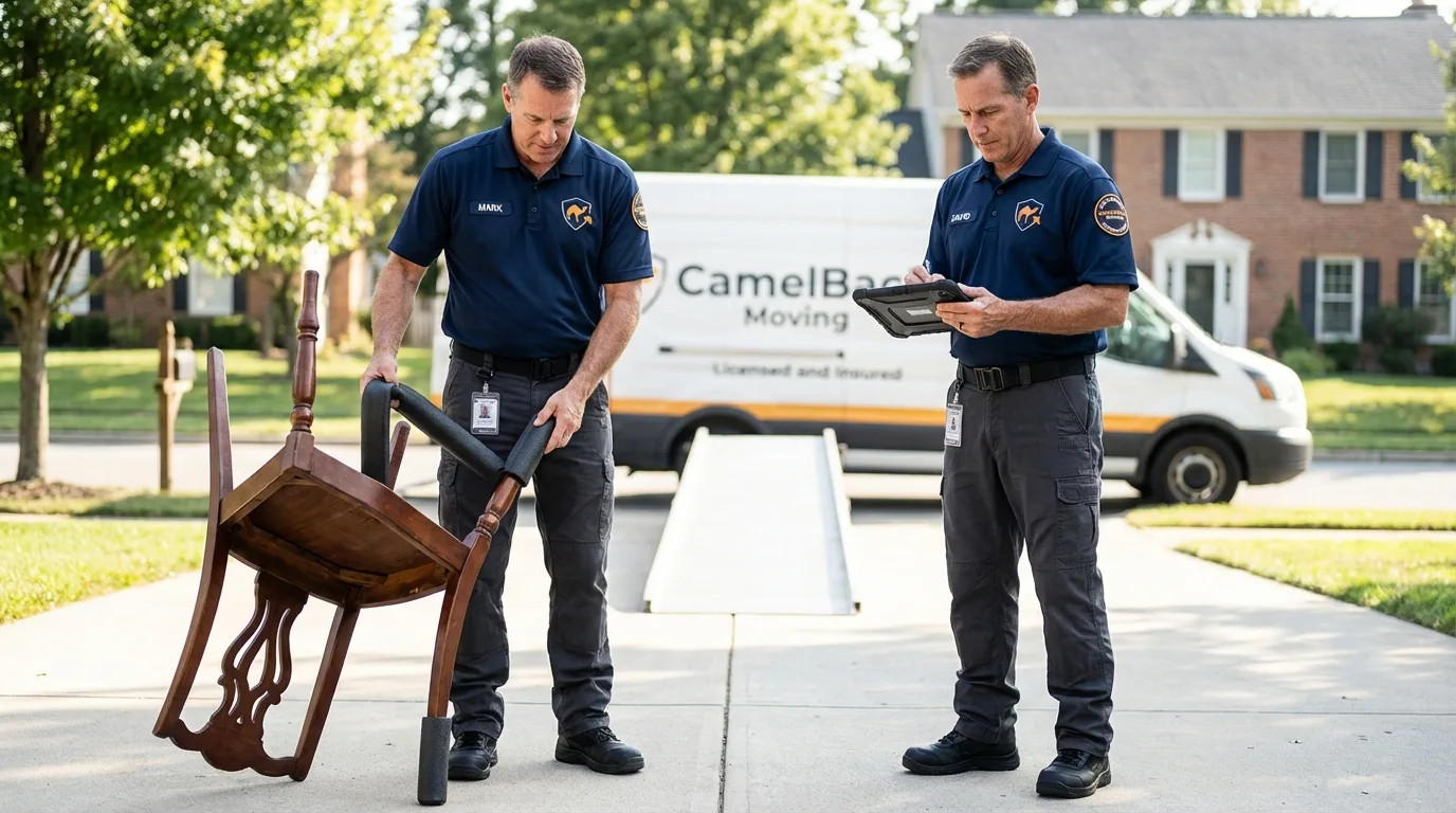Movers inspecting furniture for damage prevention before loading in Marshalltown, IA