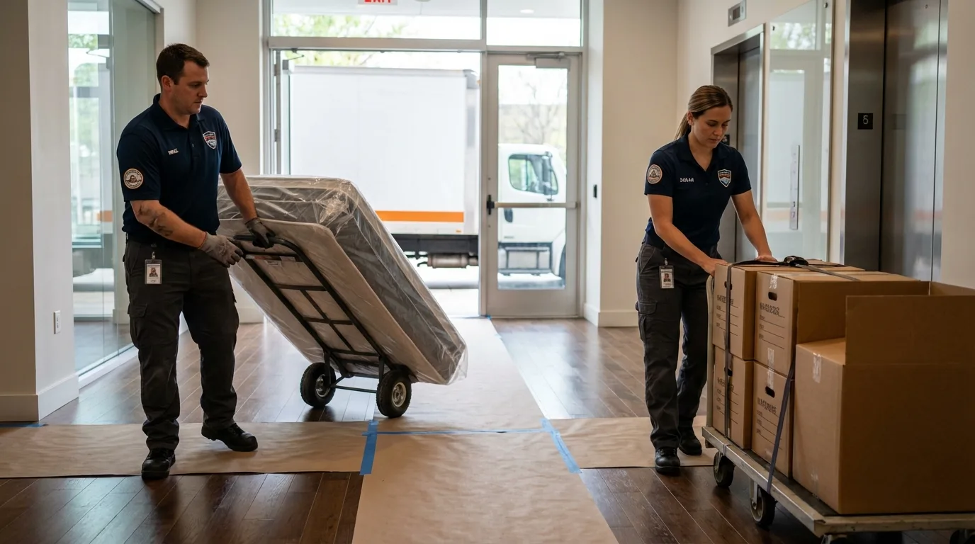 Professional apartment movers loading elevator in Marshalltown, IA
